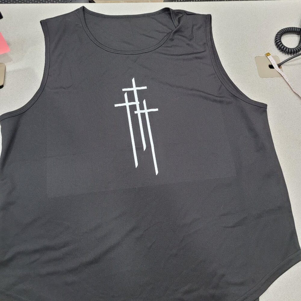 (4 For $20) Men's Three Cross Muscle Tank, size Large Black Shirt, white crosses